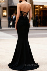 Mermaid Black Corset Strapless Long Evening Prom Dresses with Slit