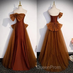 Mermaid Brown Tulle Satin Strapless Long Party Dresses Formal Dresses Evening Prom Dresses With Bow(S)