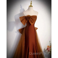 Mermaid Brown Tulle Satin Strapless Long Party Dresses Formal Dresses Evening Prom Dresses With Bow(S)