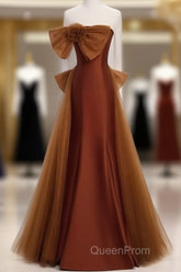 Mermaid Brown Tulle Satin Strapless Long Party Dresses Formal Dresses Evening Prom Dresses