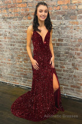 Mermaid Deep V Neck Burgundy Sequins Long Prom Dress with Silt