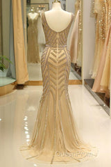 Mermaid Deep V-Neck Gold Beaded Evening Prom Dresses