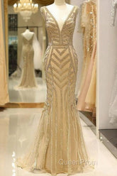Mermaid Deep V-Neck Gold Beaded Evening Prom Dresses