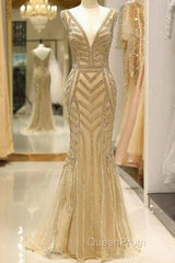 Mermaid Deep V-Neck Gold Beaded Evening Prom Dresses