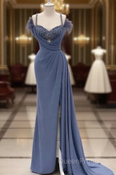 Mermaid Dusty Blue V-Neck Split Gown With Feathers