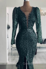 Mermaid Green Long Sleeve Sequin Evening Prom Dresses