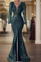 Mermaid Green Long Sleeve Sequin Evening Prom Dresses