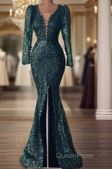 Mermaid Green Long Sleeve Sequin Evening Prom Dresses