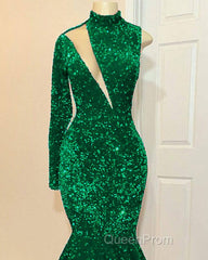 Mermaid Green Sequin Evening Prom Dresses One Shoulder High Neck