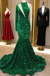 Mermaid Green Sequin Evening Prom Dresses One Shoulder High Neck