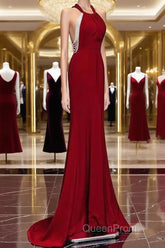 Mermaid Halter Burgundy Long Evening Prom Dresses