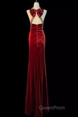 Mermaid Halter Burgundy Long Velvet Evening Prom Dresses