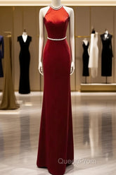 Mermaid Halter Burgundy Long Velvet Evening Prom Dresses