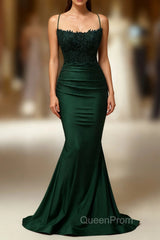 Mermaid Halter Dark Green Long Evening Prom Dresses with Appliques Beading