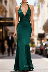 Mermaid Halter Dark Green Long Satin Evening Prom Dresses