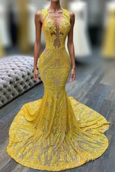 Mermaid Halter Floor-length Sleeveless Open Back Sequined Appliques Lace Evening Prom Dresses