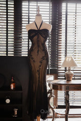 Mermaid Halter Neck Tulle Applique Long Evening Prom Dresses