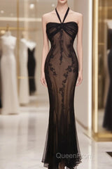 Mermaid Halter Neck Tulle Applique Long Evening Prom Dresses