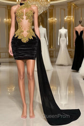 Mermaid High Neck Applique Lace Mini Sleeveless Backless Evening Prom Dresses With Side Train