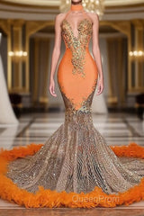 Mermaid High Neck Floor-length Sleeveless Appliques Lace Evening Prom Dresses With Feather