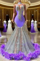 Mermaid High Neck Floor-length Sleeveless Open Back Appliques Lace Beaded Evening Prom Dresses With Feather