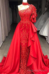 Mermaid High Neck One Shoulder Floor-length Half Sleeve Appliques Lace With Side Train Prom Dress