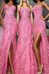 Mermaid Hot Pink Lace Long Evening Prom Dresses, Long Hot Pink Formal Graduation Evening Dresses