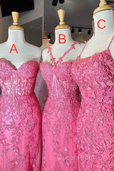 Mermaid Hot Pink Lace Long Evening Prom Dresses, Long Hot Pink Formal Graduation Evening Dresses