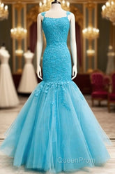 Mermaid Ice Blue Evening Prom Dresses Lace Embroidery