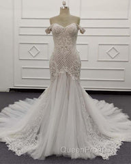 Mermaid Ivory Lace Embroidery Tulle Wedding Dresses