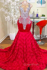 Mermaid Jewel Lace Sequined Applique Sleeveless Floor-length Evening Prom Dresses