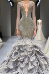 Mermaid Jewel Lace Sequined Open Back Floor-length Long Sleeve Lace Beading Evening Prom Dresses With Feather