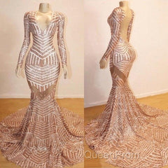 Mermaid Long Sleevess V-Neck Sequined Sweep Train Evening Prom Dresses