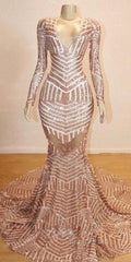 Mermaid Long Sleevess V-Neck Sequined Sweep Train Evening Prom Dresses