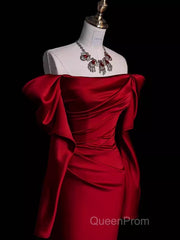 Mermaid Off The Shoulder Burgundy Long Satin Evening Prom Dresses