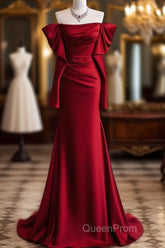 Mermaid Off The Shoulder Burgundy Long Satin Evening Prom Dresses