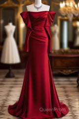 Mermaid Off The Shoulder Burgundy Long Satin Evening Prom Dresses