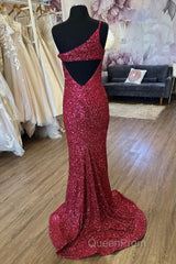 Mermaid One Shoulder Burgundy Sequins Long Evening Prom Dresses with Split Front