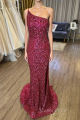 Mermaid One Shoulder Burgundy Sequins Long Evening Prom Dresses with Split Front