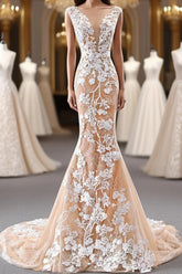 Mermaid Open Back Champagne Lace Long Evening Prom Dresses, Champagne Lace Formal Dresses, Champagne Evening Dresses