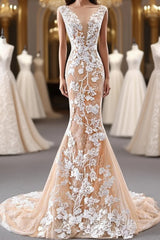 Mermaid Open Back Champagne Lace Long Evening Prom Dresses, Champagne Lace Formal Dresses, Champagne Evening Dresses