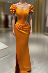 Mermaid Orange Satin Cap Sleeve Slit Dresses