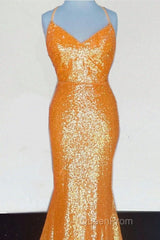 Mermaid Orange Sequin V Neck Dresses