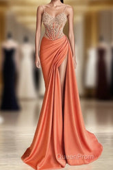 Mermaid Peach Evening Prom Dresses Appliques With Slit