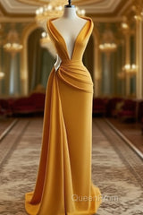 Mermaid Evening Prom Dresses Deep Neck Sexy Satin Evening Dresses Cheap Sweep Cocktail Dresses