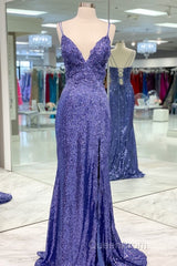 Mermaid Purple Sequins Long Evening Prom Dresses with Slit,Navy Blue Evening Party Gowns
