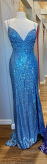 Mermaid Purple Sequins Long Evening Prom Dresses with Slit,Navy Blue Evening Party Gowns