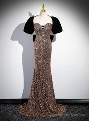 Mermaid Sequins Black Velvet Short Sleeve Prom Dress