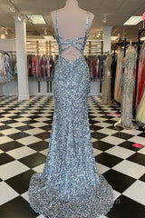 Mermaid Silver Sequin Evening Prom Dresses V-Neck Long Formal Gown Slit