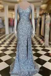 Mermaid Silver Sequin Evening Prom Dresses V-Neck Long Formal Gown Slit